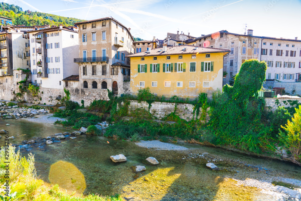 houses along river Adige in  Rovereto, Italy