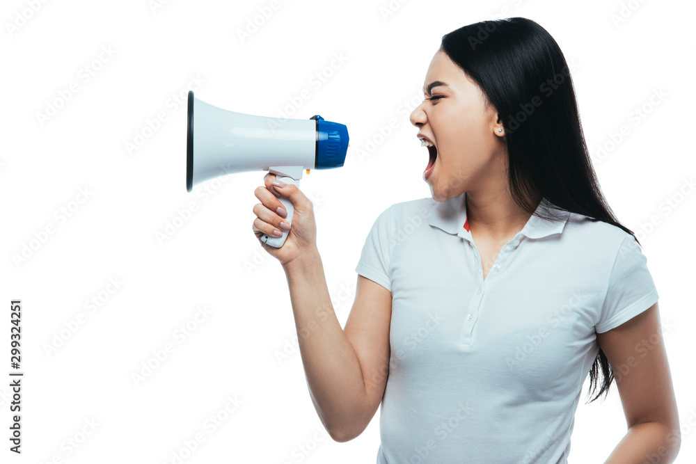 angry asian girl screaming in megaphone isolated on white angry asian girl screaming in megaphone isolated on white