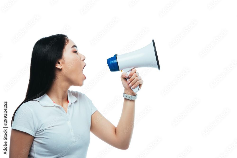 angry asian girl screaming in megaphone isolated on white angry asian girl screaming in megaphone isolated on white