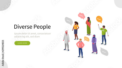 Diverse People Characters Standing Together, Waving and Smiling. Multicultural Women and Men Group.  International Multiracial Team.  Diversity Concept. Flat Isometric Vector Illustration. 