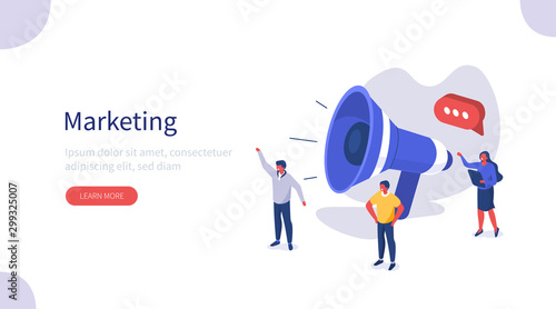 People use Big Loudspeaker to Communicate with Audience. PR Agency Team work on Social Media Promotion. Public Relation, Digital Marketing and Media Concept. Flat Isometric Vector Illustration. photo