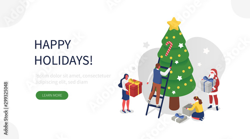 People Characters and Santa Claus Decorating Christmas Tree, Preparing Gift Boxes and Celebrating Winter Holidays. Merry Christmas and Happy New Year Concept. Flat Isometric Vector Illustration.