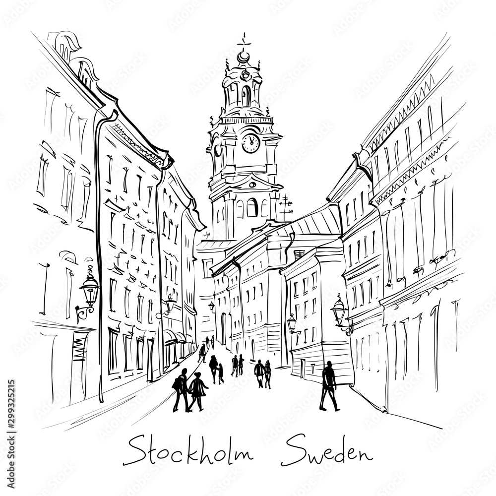 Vector black and white sketch of Church of St Nicholas, Stockholm Cathedral or Storkyrkan, Gamla Stan in Old Town of Stockholm, capital of Sweden
