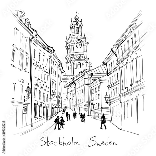 Vector black and white sketch of Church of St Nicholas, Stockholm Cathedral or Storkyrkan, Gamla Stan in Old Town of Stockholm, capital of Sweden