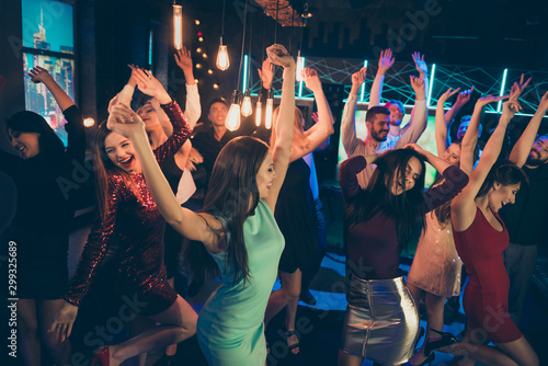 Lets party hard. Portrait of cheerful positive people and bachelorette want have perfect event after studying go nightclub enjoy music dance scream feel rejoice
