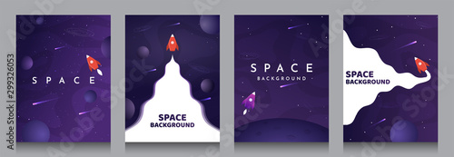 Vector illustration in abstract flat style. Minimalistic color space. Space exploration concept. A4 posters with copy space for text. Set of violet backgrounds. Creative dark wallpaper.  Modern design