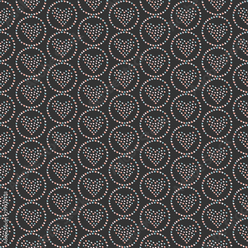 Seamless pattern, hand drawn hearts in brush organised into hearts in rings