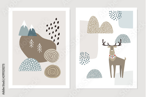 Set of Christmas Scandinavian greeting cards, invitations. Abstract winter textured landscape with reindeer, fir trees, mountains and snow. Nordic retro design. Vector illustration background.