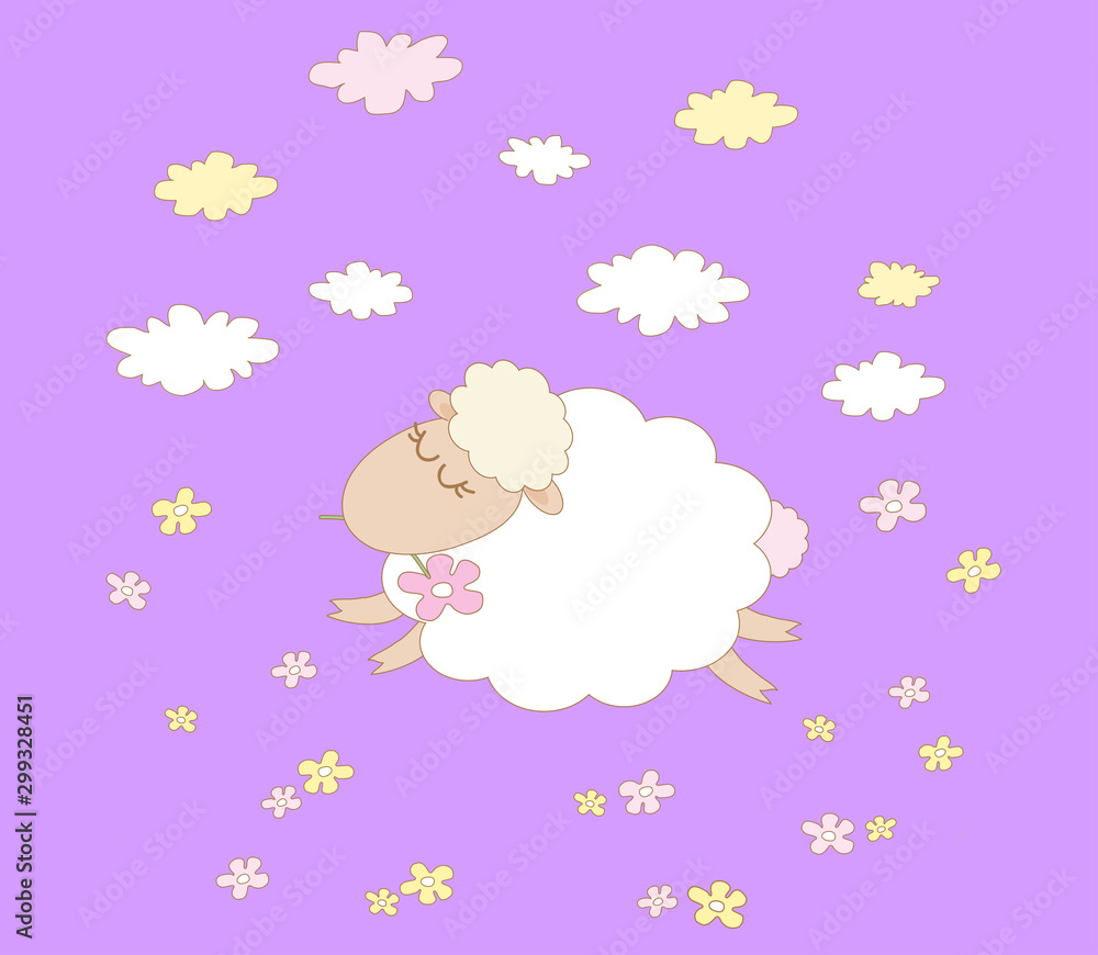 Cute lamb on a purple background. Cartoon. Illustration.