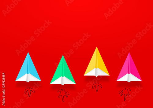 colorful paper planes or rockets on red background   Business competition  start-up  boost or success concept.