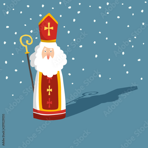 Cute Christmas greeting card with Saint Nicholas with falling snow, drop shadow and pastoral staff. European winter tradition. Hand-lettered text. Flat cartoon design, vector illustration.