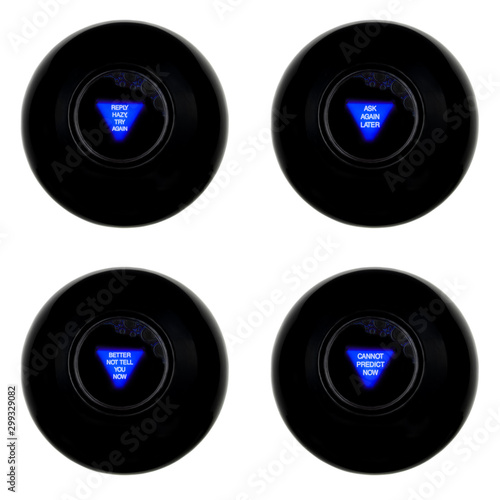 Set of four magic 8 balls with neutral predictions isolated on white background