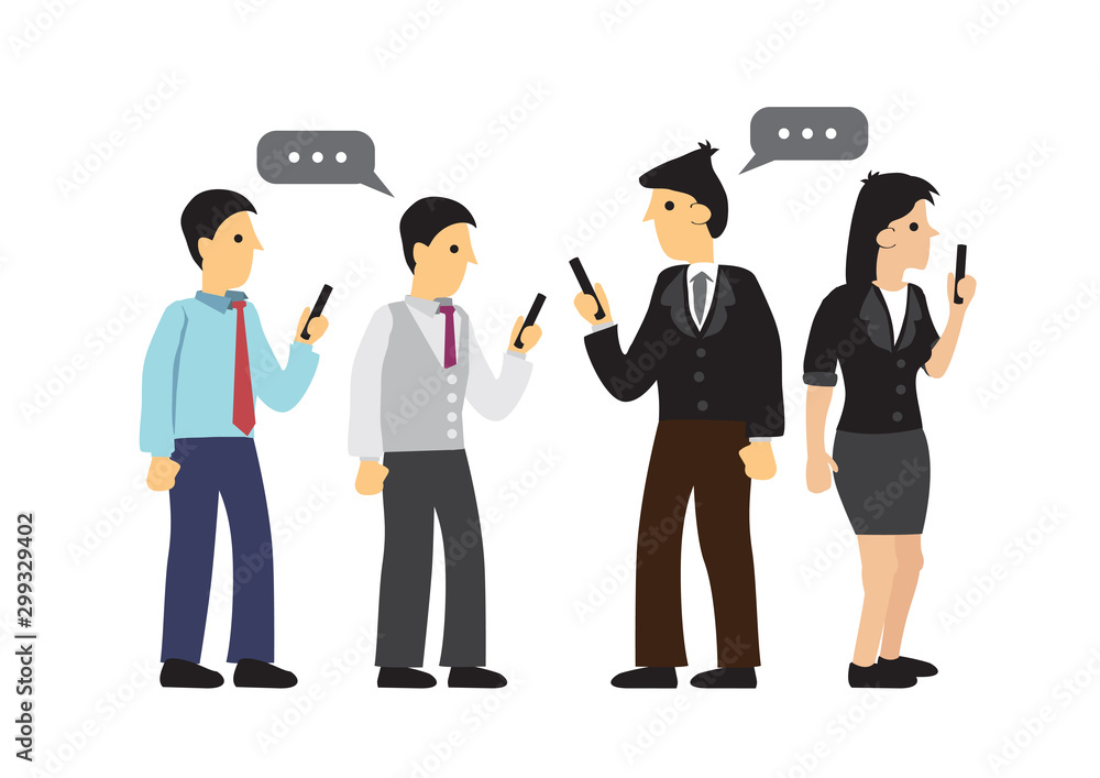 Businesspeople ignore each other and holding mobile in hands. Concept of technology addiction or bad habit. Businesspeople ignore each other and holding mobile in hands. Concept of technology addiction or bad habit.