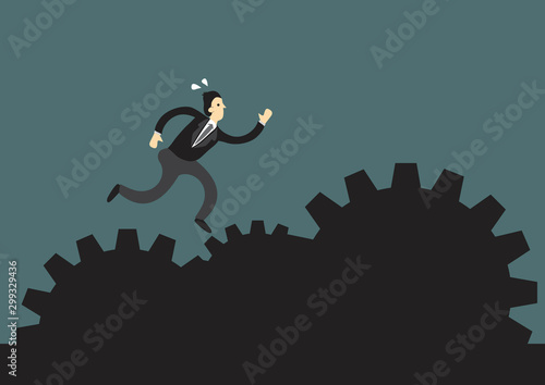 Businessman running on the rocky path making up of gears. Concept of motivation, overcoming risk, challenge or corporate problem. Vector illustration