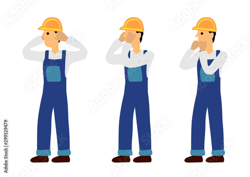 Construction man in three expression of see no evil, speak no evil and hear no evil. Concept of wisdom or ignorance.