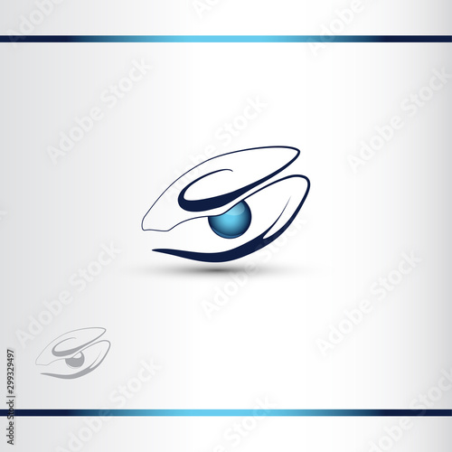 Abstract seashell with blue shiny pearl. Creative jewelry icon. Vector logo design template. Watermark version