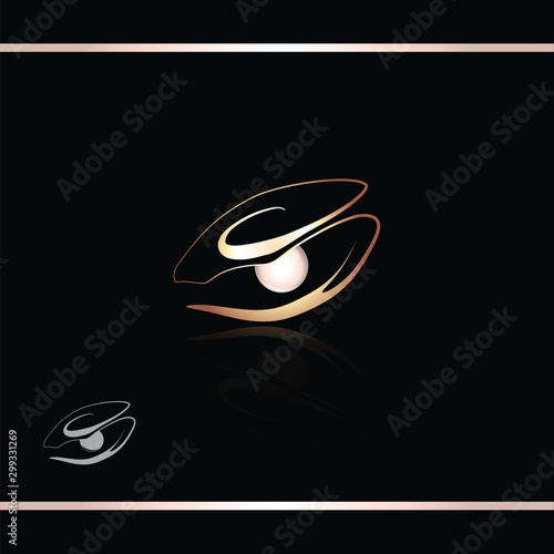 Abstract gold seashell with shiny pearl. Creative jewelry icon. Vector logo design template. Watermark version