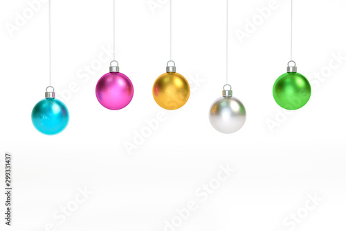 Metallic colorful christmas ball Ornaments hanging on white background 3d rendering. 3d illustration minimal style christmas concept.