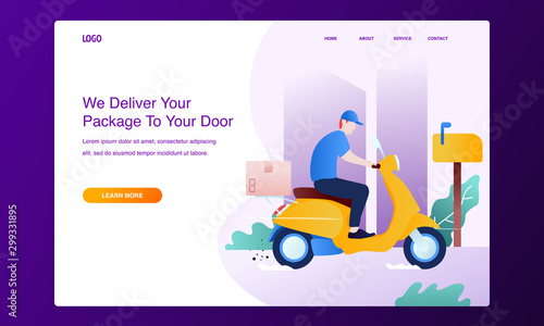 Modern flat design concept of online shipping, delivery service with scooter motorcycle and cardboard boxes for website and mobile website. Landing page template