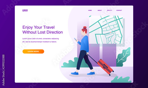 Modern flat design concept. traveler woman using map application on smartphone, for website and mobile website. Landing page template