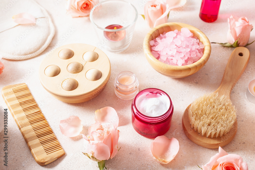 skincare products and rose flowers. natural cosmetics for home spa treatment skincare products and rose flowers. natural cosmetics for home spa treatment