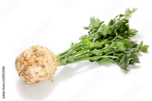 Celery root and stem on a white background.
