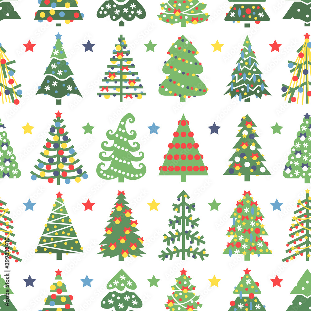 Flat seamless pattern with Christmas trees. Holidays background. Abstract  line art drawing woods. Vector Holidays illustration