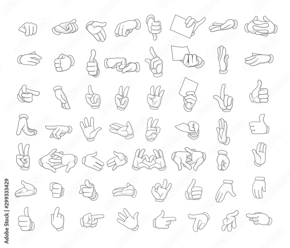 Cartoon gloved hands showing different symbols very big set vector illustration objects isolated on a white background Cartoon gloved hands showing different symbols very big set vector illustration objects isolated on a white background