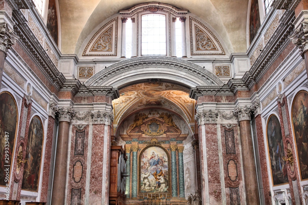 Interior of Basilica of Saint Mary of Angels and Martyrs on April 9, 2012 in Rome. It is old famous baroque church dating back to 1562.