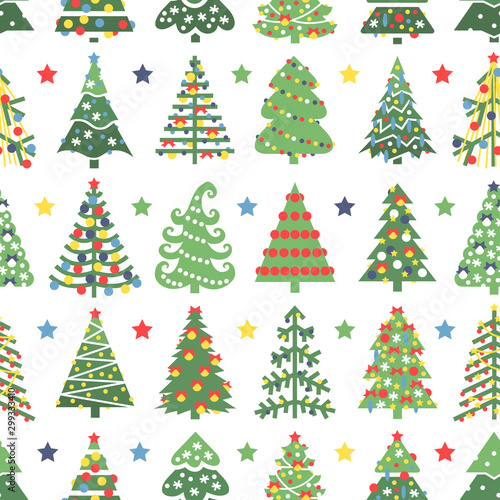 Flat seamless pattern with Christmas trees. Holidays background. Abstract line art drawing woods. Vector Holidays illustration