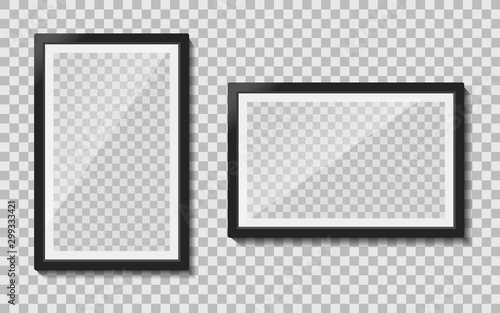 Black templates photo frame with glass reflection hanging on wall. Empty picture album layout. Design photo frame for memo, creative interior. Set realistic mockup picture a4 format. vector