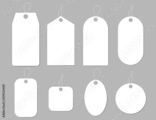 Mockup tag, paper label. Template blank tag for price shopping, hang sale, gift card.Design labels with cord. Round, square shape of hang stamp isolated.Blank paper price for sale.vector