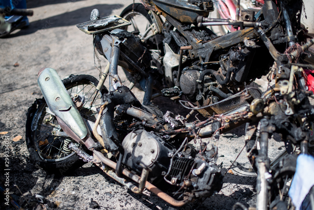 Terrorists set fire to motorbikes on a street in the city. Terrorists set fire to motorbikes on a street in the city.