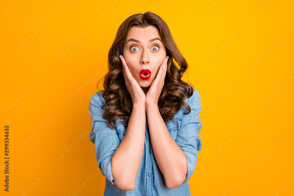 Photo of crazy sweet pretty ecstatic youngster seeing shopping mall discounted goods sales unexpected with lips pouted isolated over yellow vivid color background Photo of crazy sweet pretty ecstatic youngster seeing shopping mall discounted goods sales unexpected with lips pouted isolated over yellow vivid color background