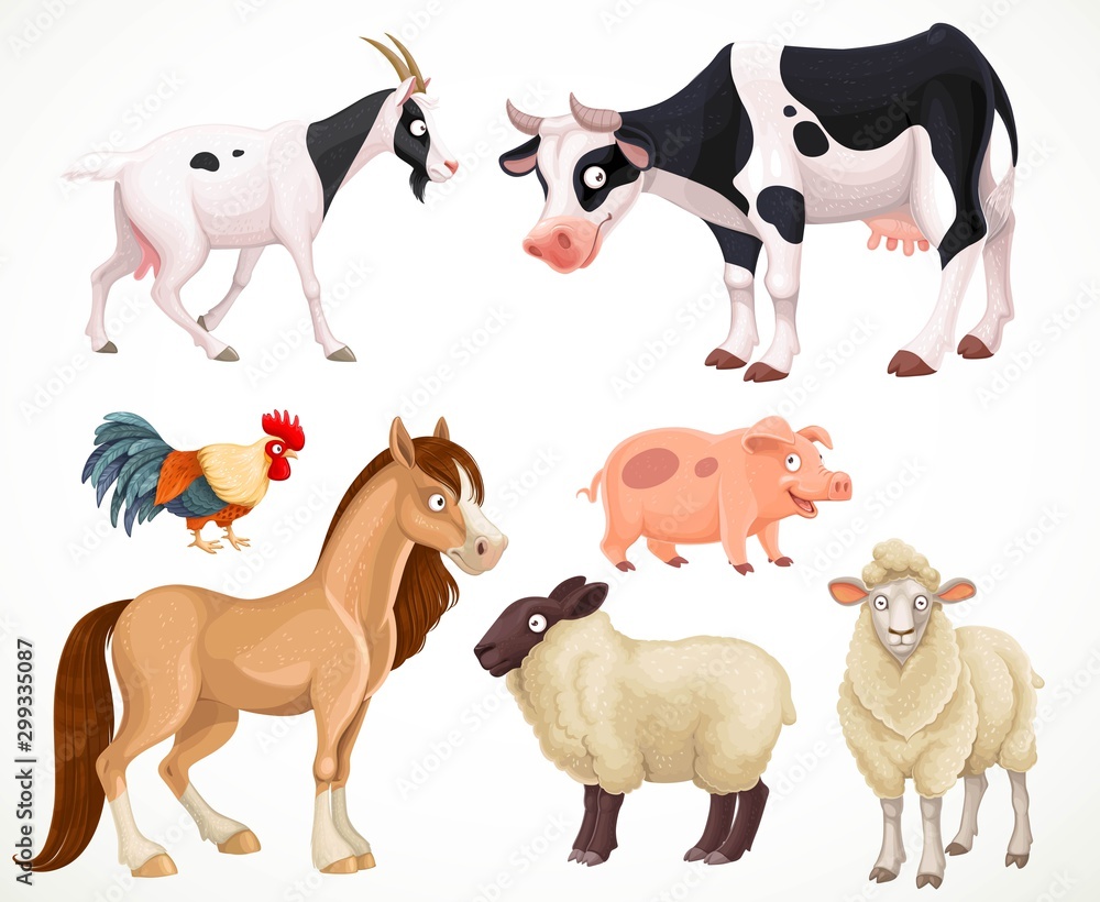 Cute cartoon farm animals set isolated on white background