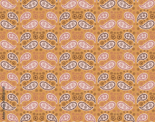 Hand Drawn Indiennne Paisley Motif Seamless Pattern. Ornate Arabesque Buta Foulard Design on Saffron Yellow Background. Painted Ogee Bohemian Textile, Wallpaper All Over Print in Vector Eps 10 Tile.  photo