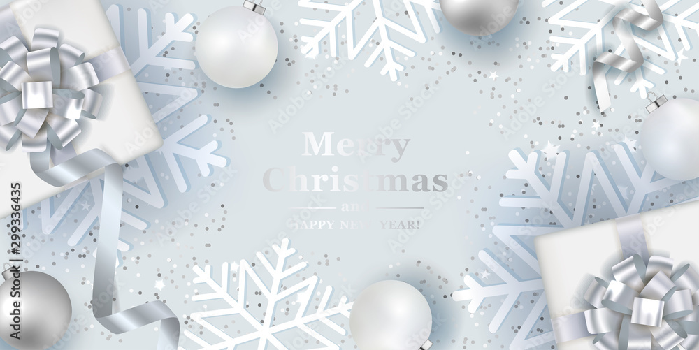 Christmas silver background with realistic  balls and gift boxes. Vector top view illustration.  - obrazy, fototapety, plakaty 