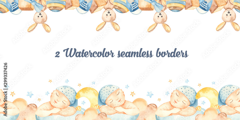 Watercolor seamless borders sleep baby boy and teddy rabbit