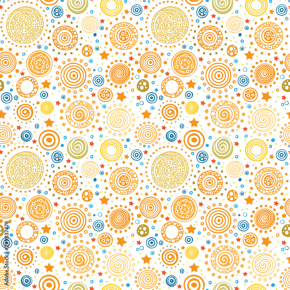 Universe. Hand drawn abstract universe vector seamless pattern. Abstract sun, planets and stars sketch drawing endless background. Part of set.