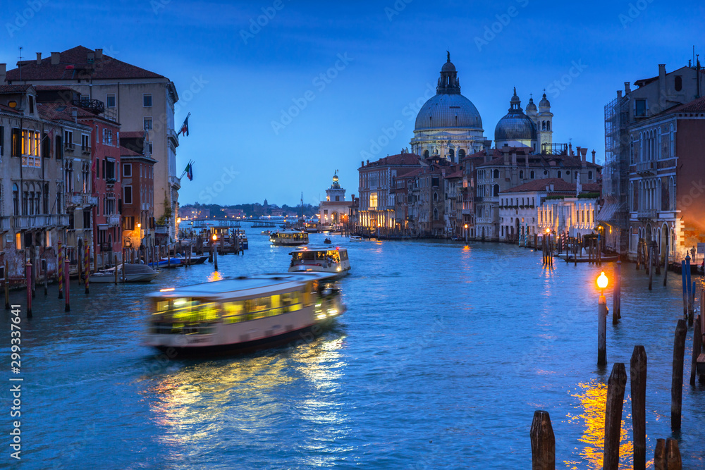 Venice city at dusk with Santa Maria della Salute Basilica, Italy