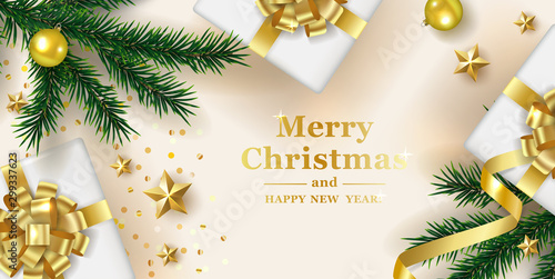 Christmas background with realistic fir branches and balls. Vector top view illustration.