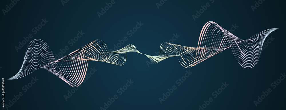 Waveform smooth curved lines Abstract design element Technological dark background with a line in waveform Stylization of a digital equalizer Smooth flowing wave lines soundwave Vector graphic - obrazy, fototapety, plakaty 