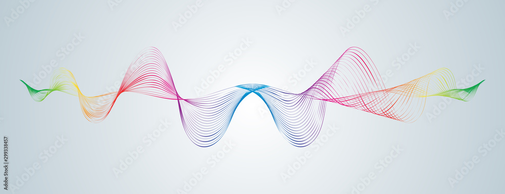 Waveform smooth curved lines Abstract design element Technological background with a line in waveform Stylization of a digital equalizer Smooth flowing wavy stripes of a rainbow made by blends Vector - obrazy, fototapety, plakaty 