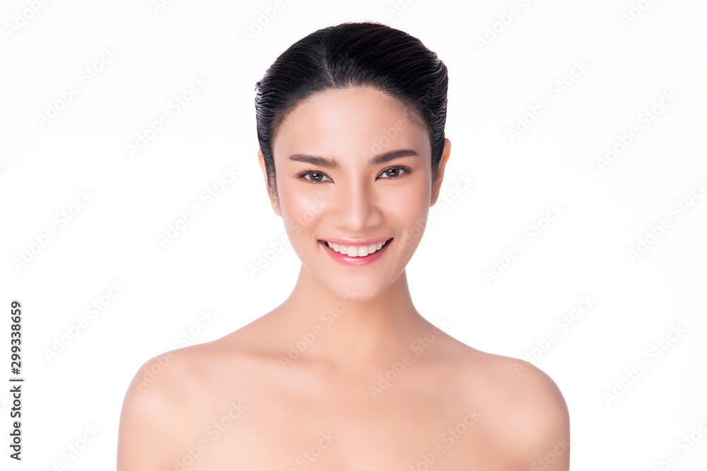 Beautiful Young Asian Woman smile feeling so happy and cheerful. with healthy Clean and Fresh skin. isolated on white background. Beauty Cosmetics Concept
