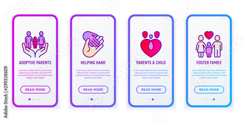 Child adoption mobile user interface with thin line icons: adoptive parents, helping hand, foster family. Modern vector illustration with copy space.