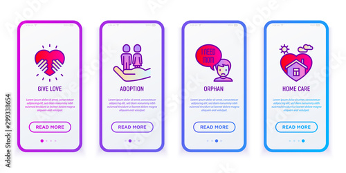Child adoption mobile user interface with thin line icons: give love, adoption, orphan, home care. Modern vector illustration with copy space.