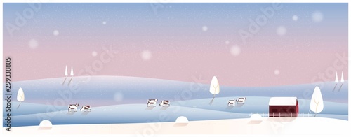 Minimal Panorama Vector illustration of Countryside landscape in winter,banner of cattle farm .The blue coral mountains or hill with snow fall,barn and cow.Concept of minimal in the winter.Vector