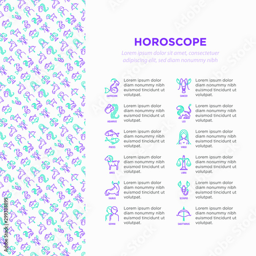 Horoscope concept with thin line icons and copy space. Zodiac signs: capricorn, aquarius, aries, pisces, virgo, libra, scorpio, sagittarius, taurus, gemini, leo. Modern vector illustration.