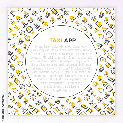 Taxi app concept with thin line icons: payment method, promocode, app settings, info, support service, phone number, route, destination, airport transfer, baby seat. Vector illustration.