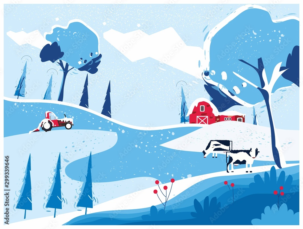 Vector illustration of Countryside landscape in winter,banner of farm house.The snowy blue mountain,hill with snow fall,barn and cow. Concept of organic cattle farm in winter.red blue  color.